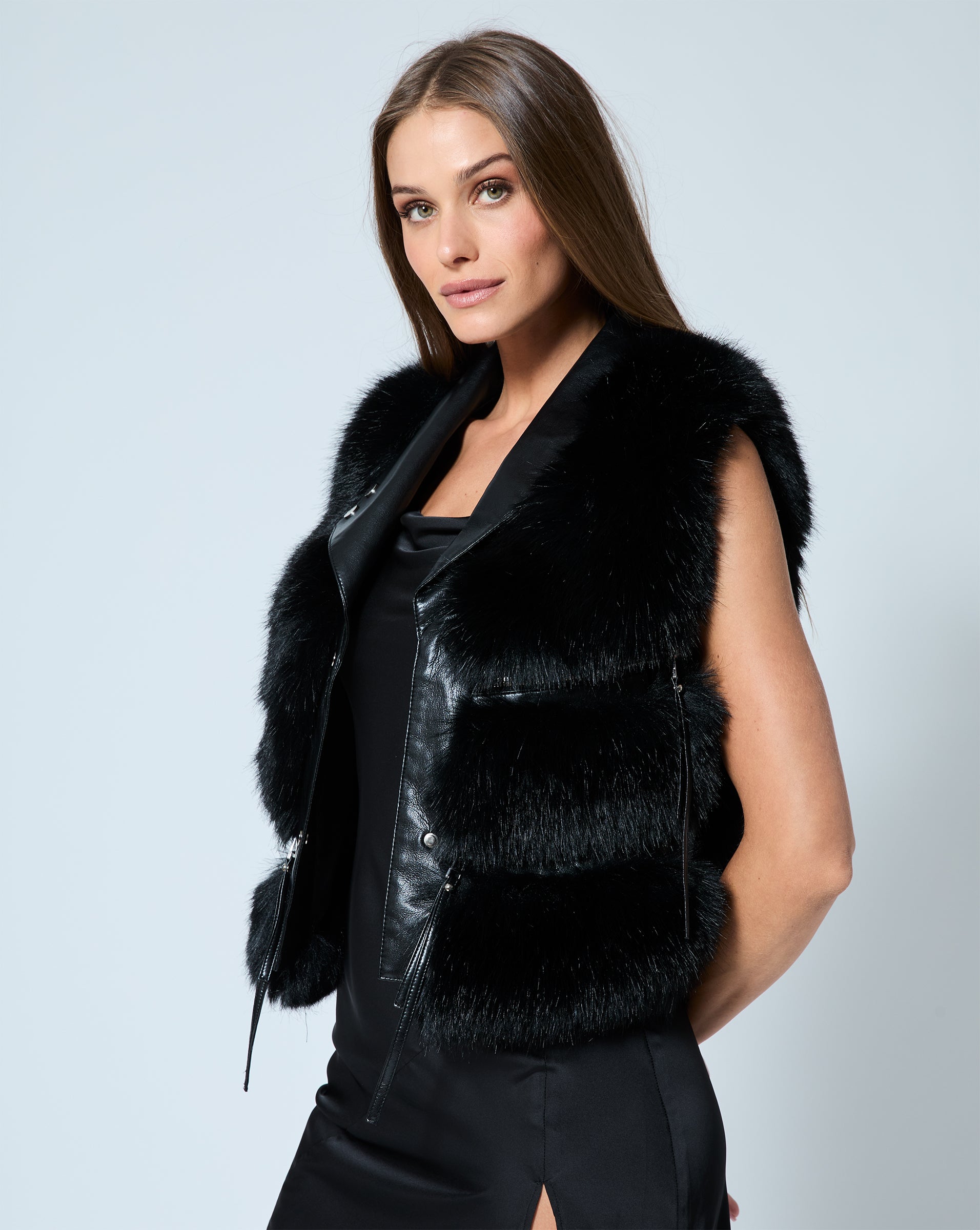 Moto Faux Leather Fox Faux Fur Vest