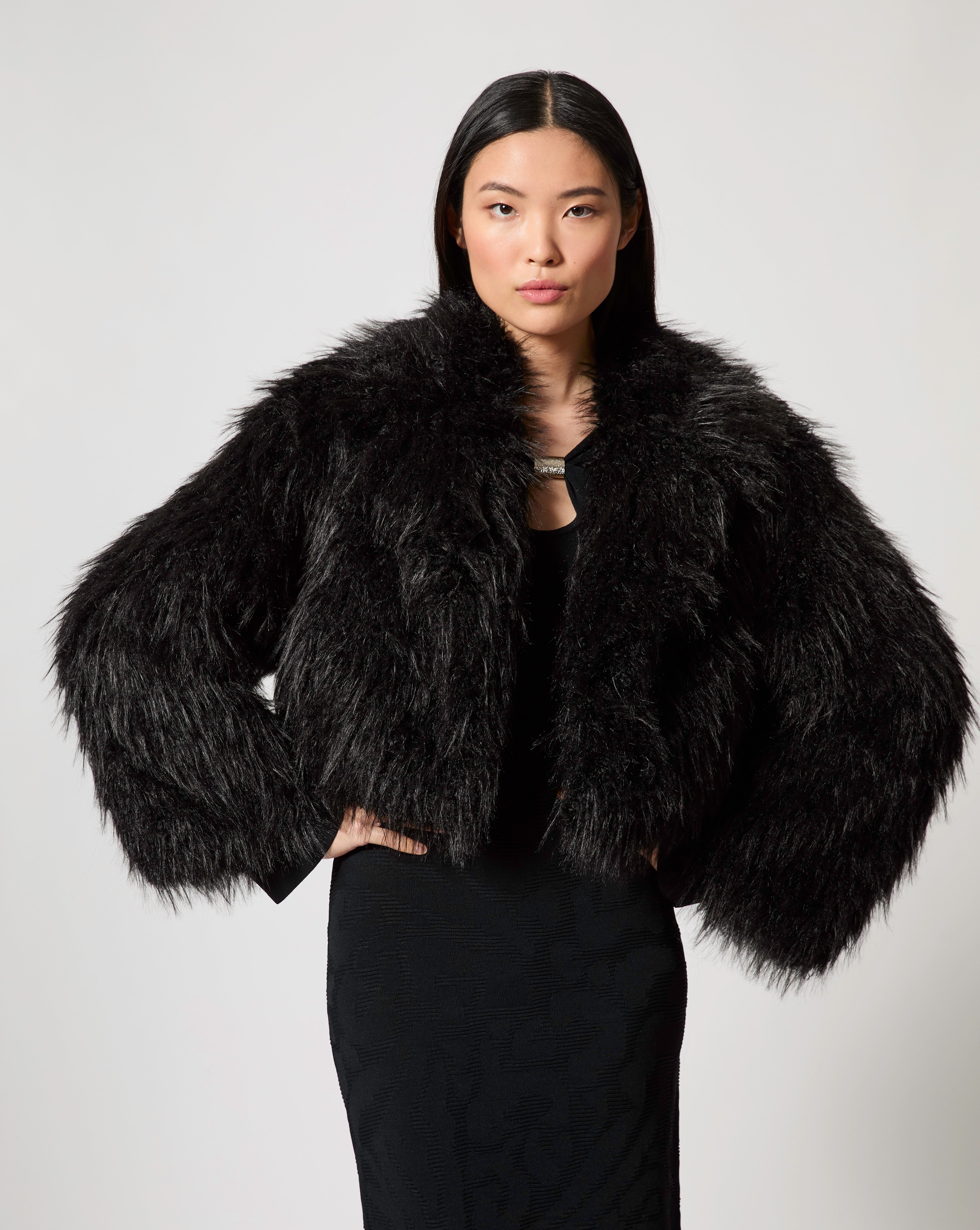 Adrienne Landau Black Faux Fur Jacket With Collar Shaggy Cropped