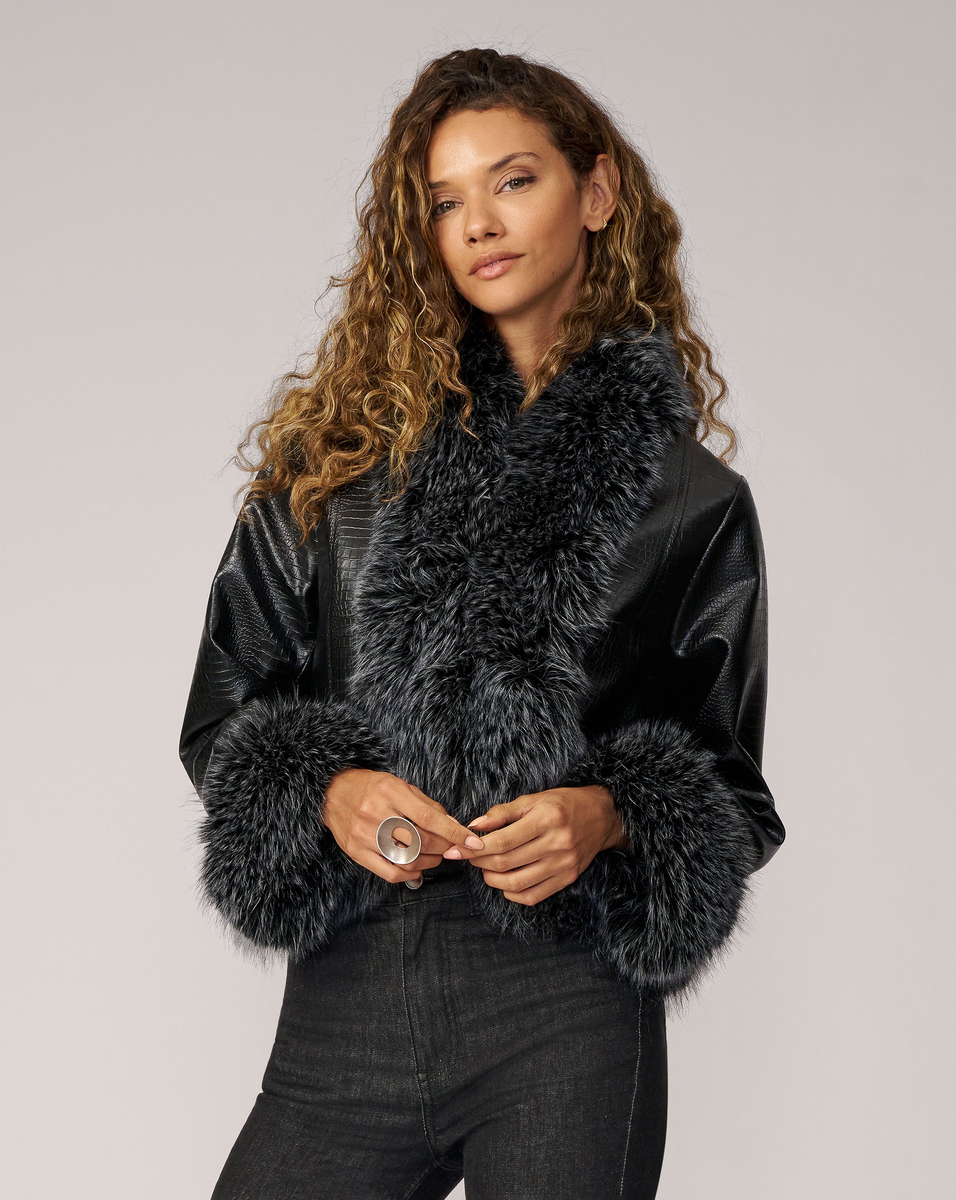 Adrienne Landau Black Crocodile Stamped Faux Leather and Faux Fur