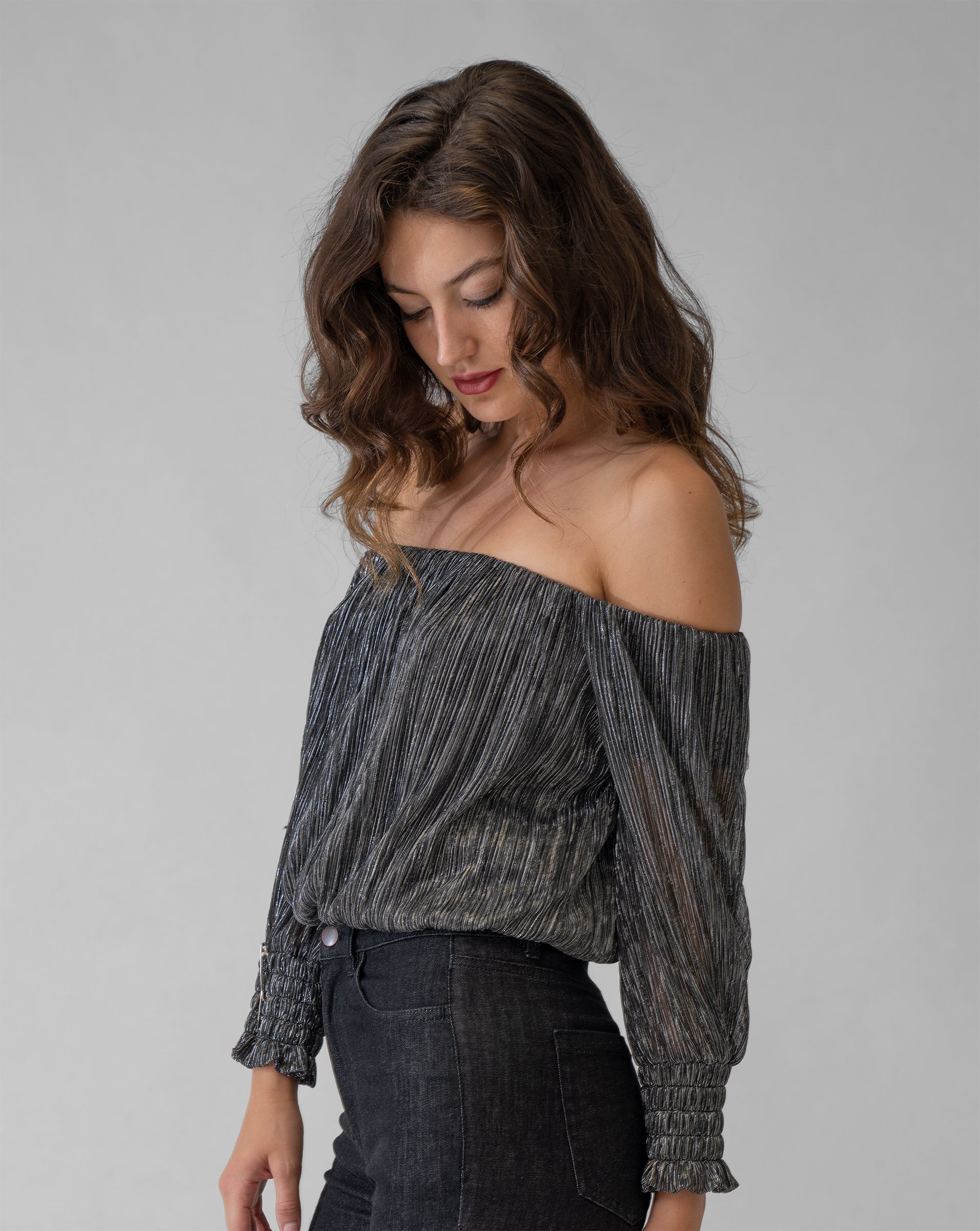 Metallic Mesh Off the Shoulder Top