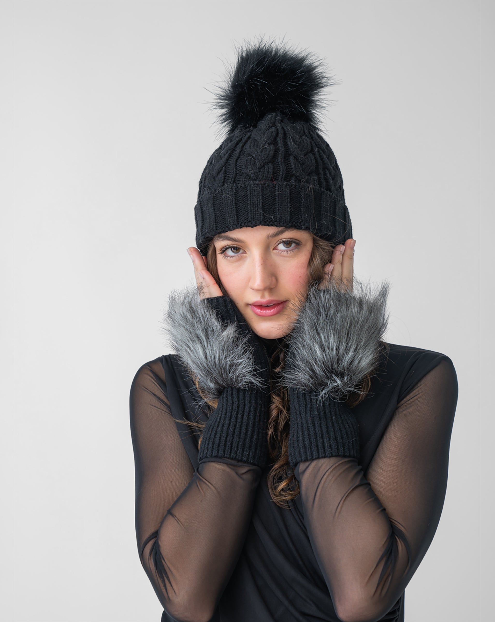 Adrienne Landau Scarf with Faux Fur Pom-Pom Black / One Size