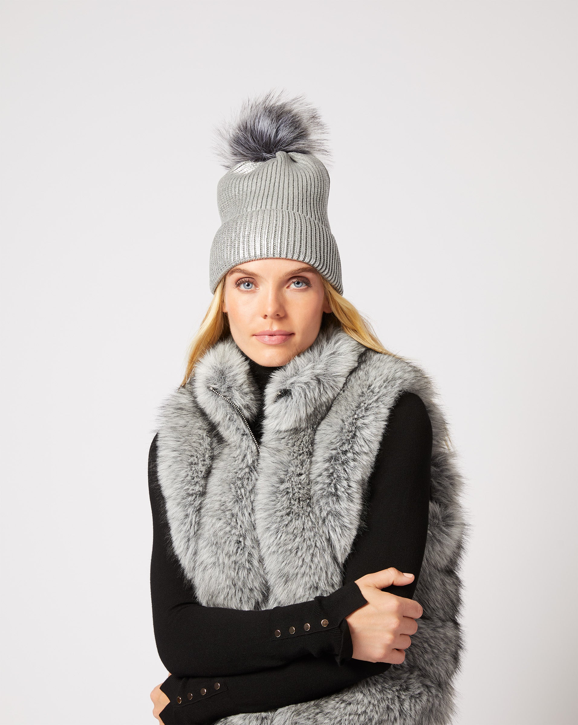 Adrienne Landau Metallic Knit & Faux Fur Pom-Pom Beanie on sale