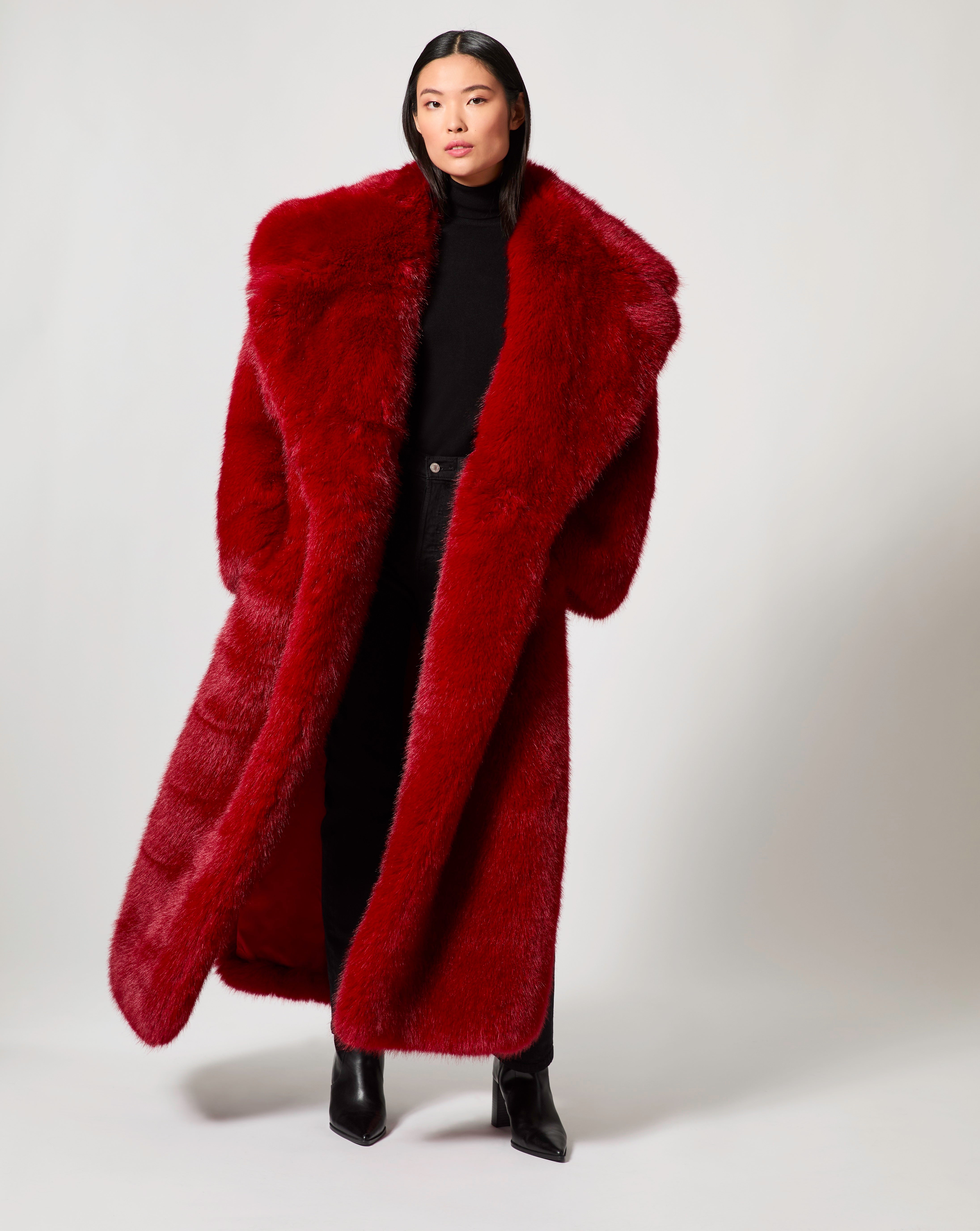 Long red faux fur coat online