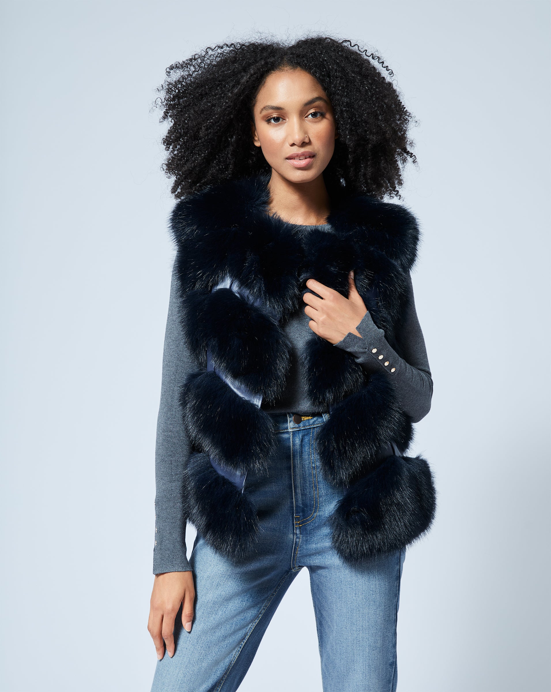 Faux Fur Faux Leather Vest Navy – Adrienne Landau1