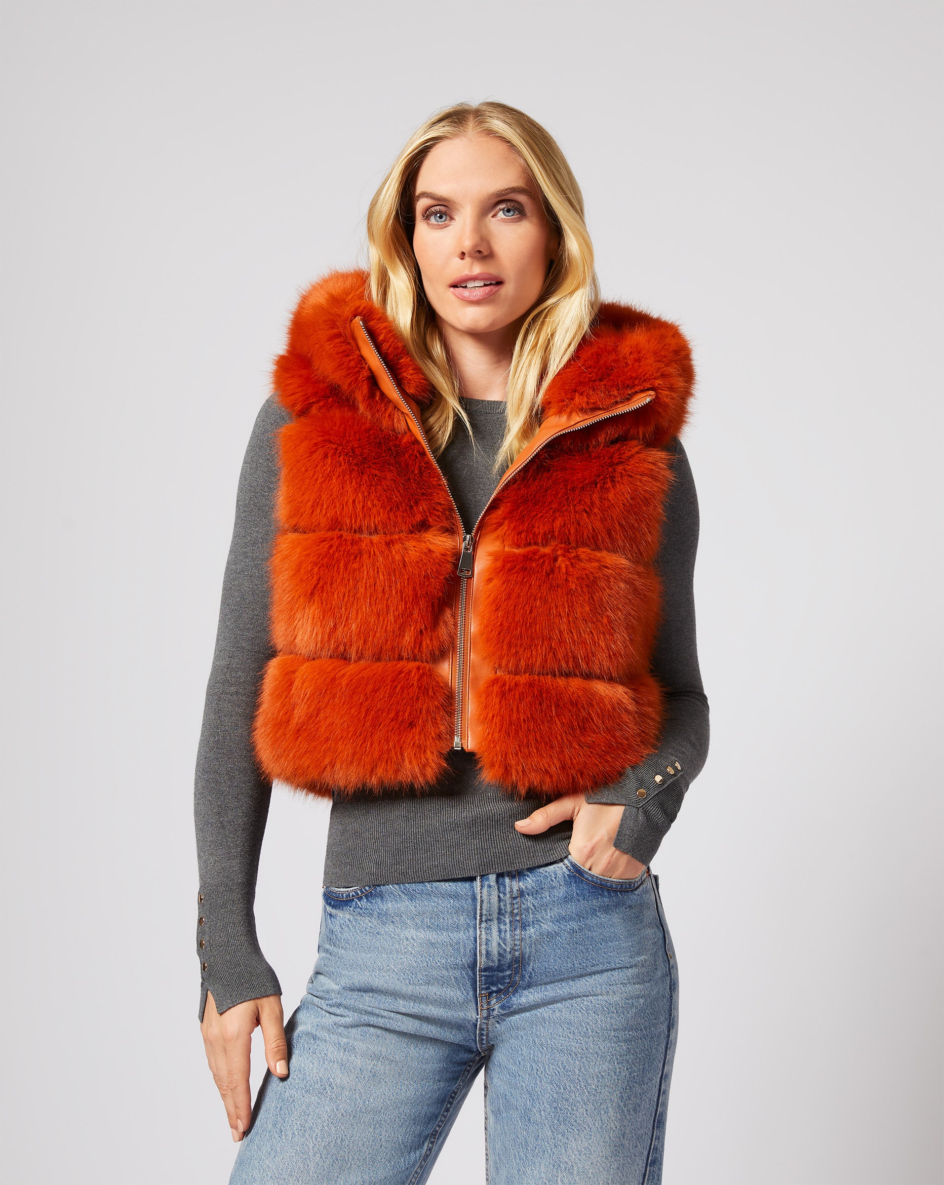 Authentic Theory Orange Down Puffer Vest with Faux Fur Hood Size Medium