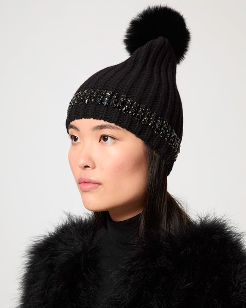 Adrienne Landau Black Jewel Embellished Beanie