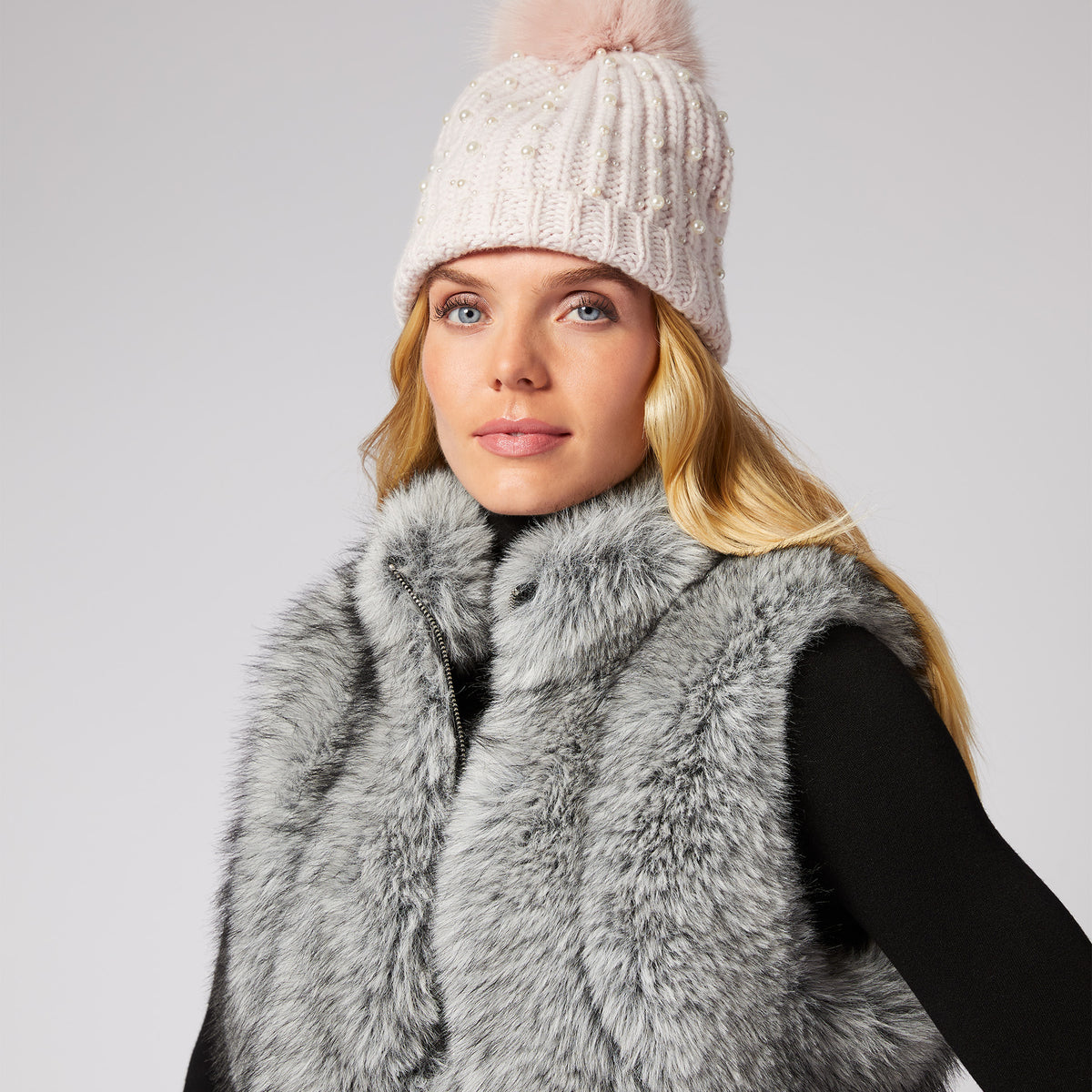 The Aurina Beanie with outlet Neutral Faux Fur PomPom