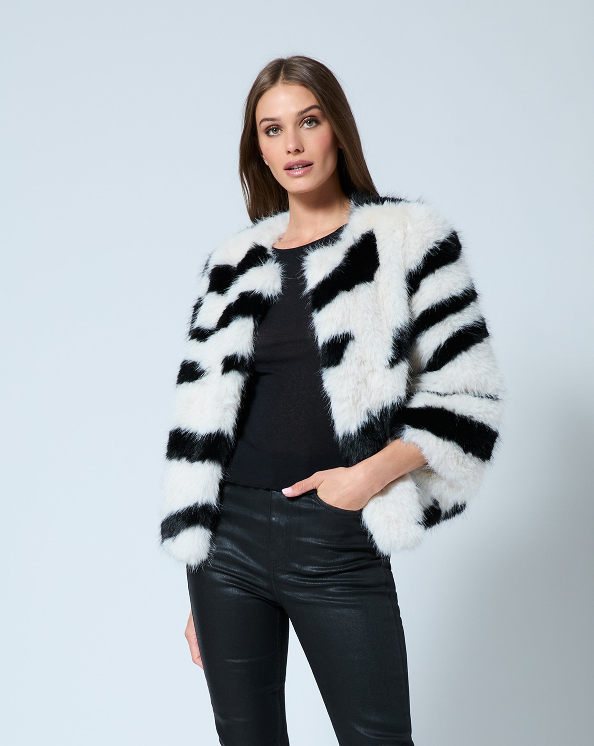 Zebra Printed Fox Faux Fur Swing Jacket