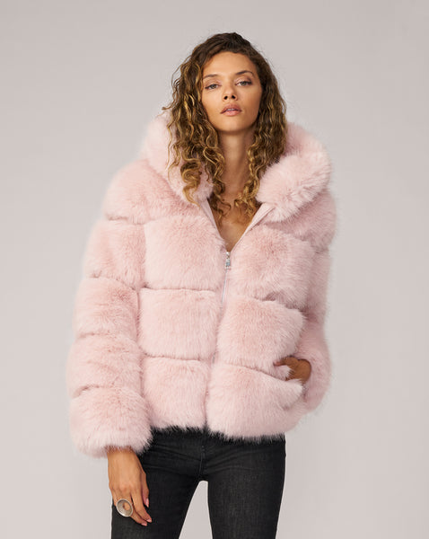 Adrienne Landau Pink Faux Fox Fur Hooded Jacket