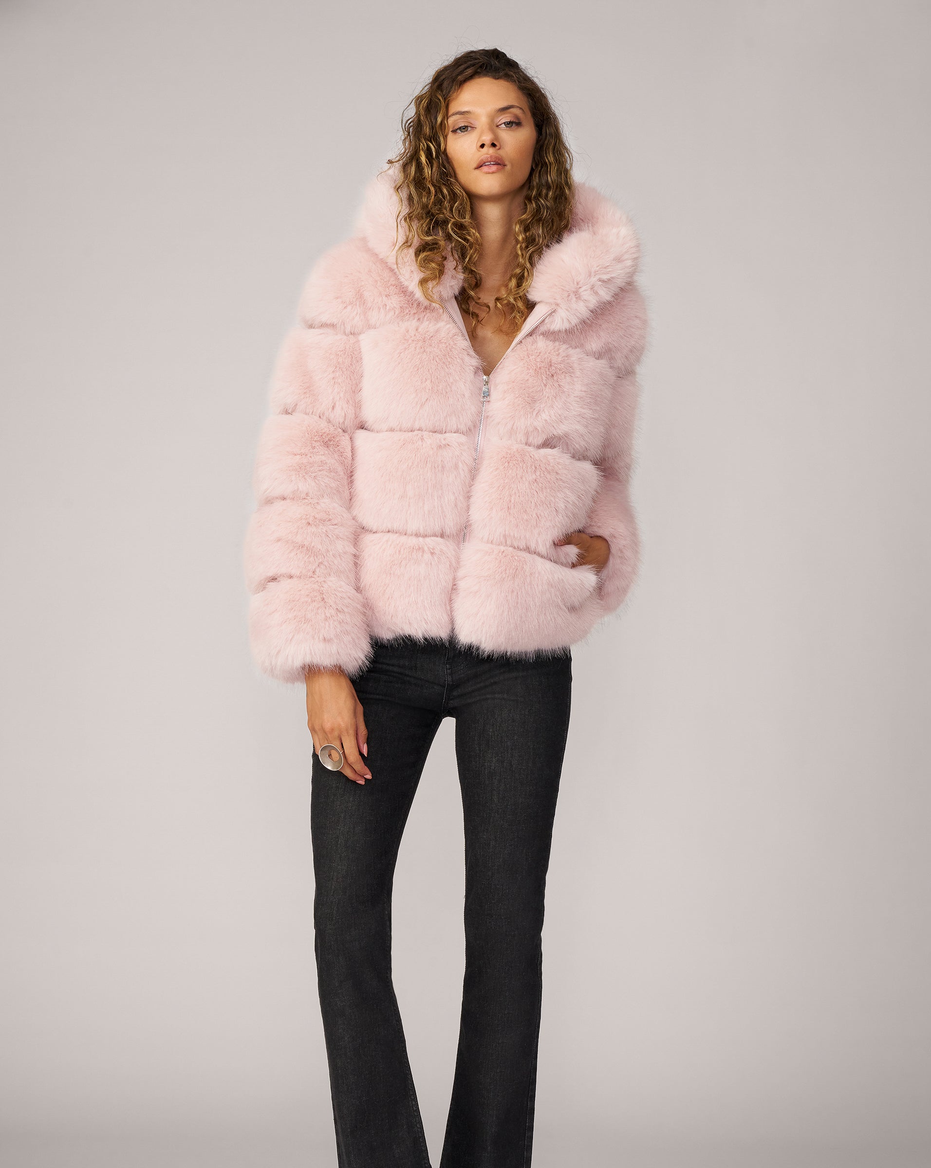 Adrienne Landau Pink Faux Fox Fur Hooded Jacket