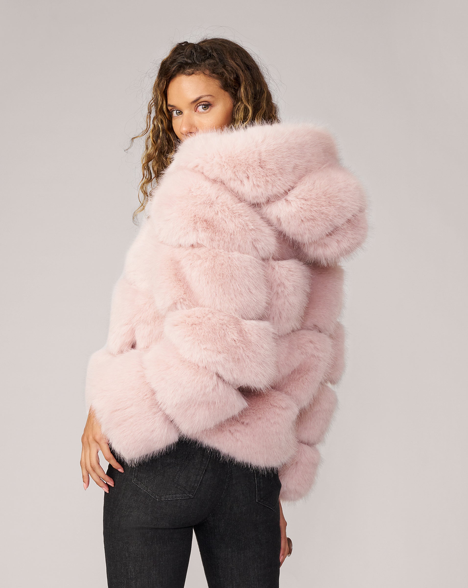 Adrienne Landau Pink Faux Fox Fur Hooded Jacket
