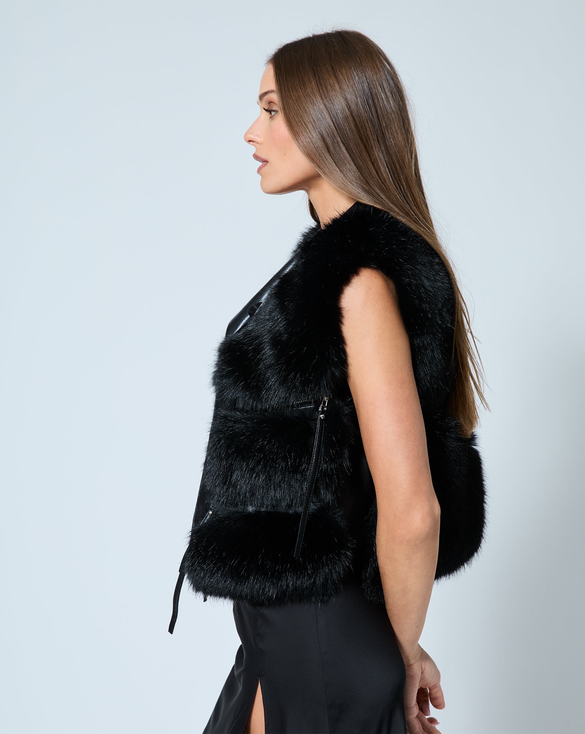 Adrienne Landau Black Faux Fur Moto Jacket