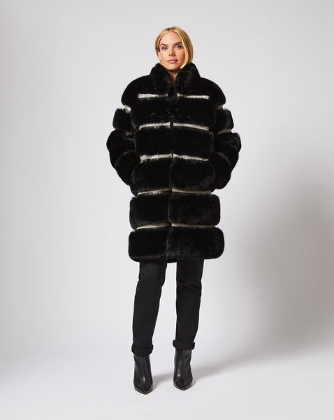 Adrienne Landau Black Faux Fox Fur Coat with Quilted Panels and