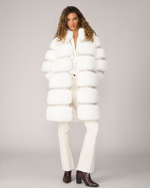 Adrienne Landau Faux Fox Fur Quilted Coat with Diamond Trim
