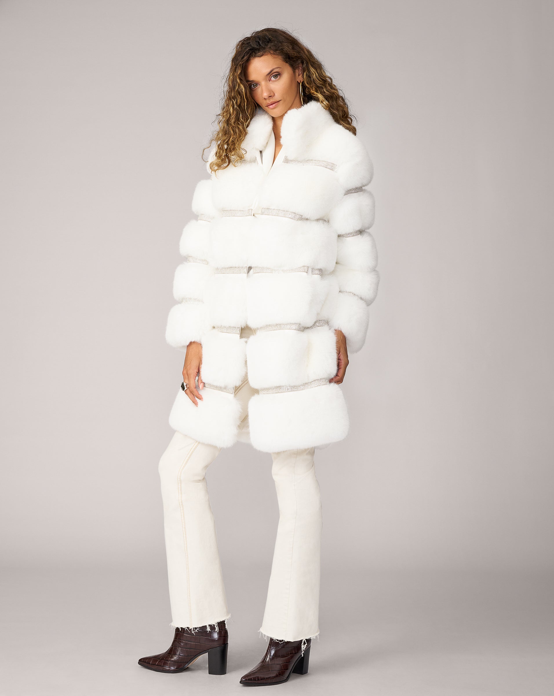 Adrienne Landau Faux Fox Fur Quilted Coat with Diamond Trim