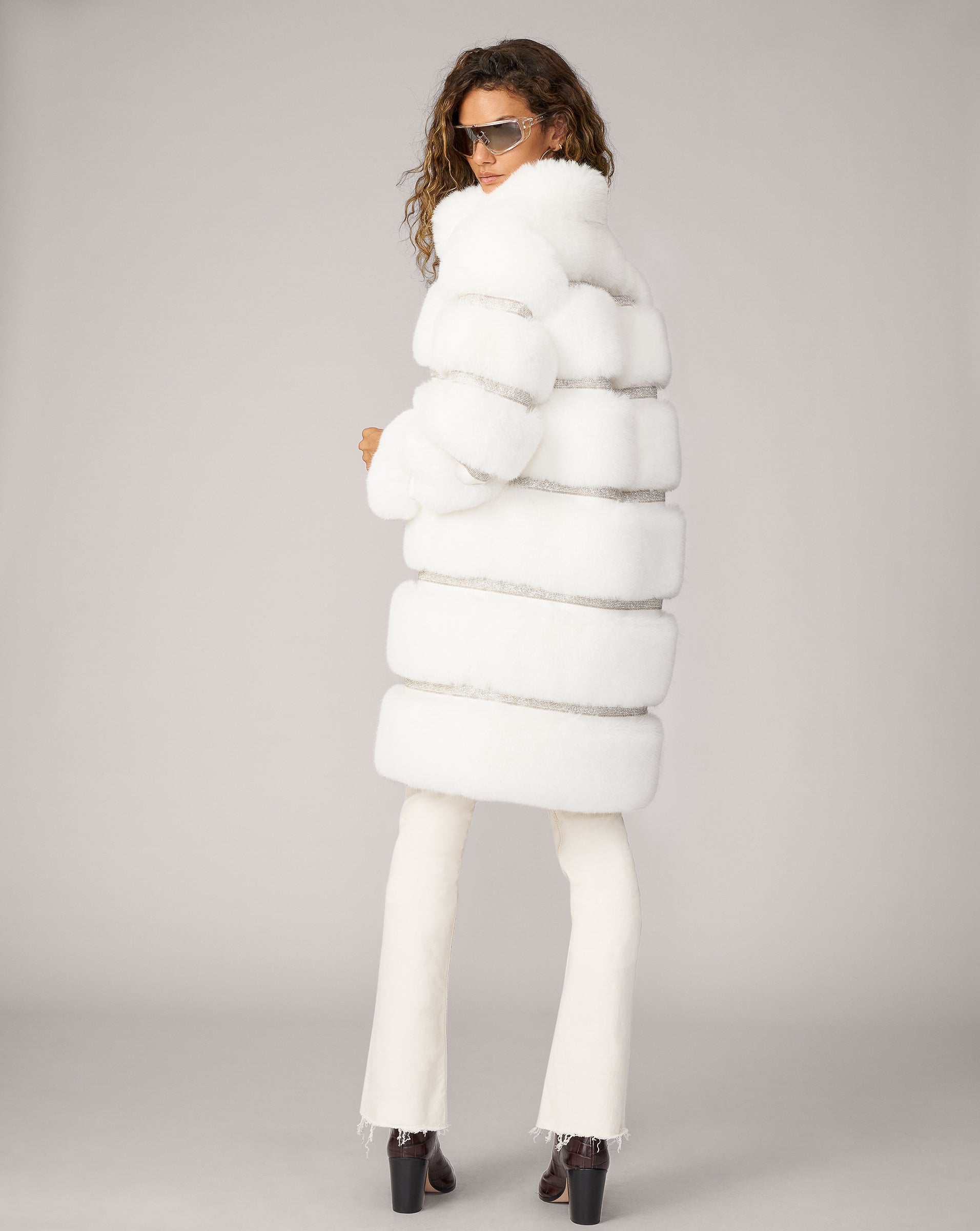 Adrienne Landau Faux Fox Fur Quilted Coat with Diamond Trim