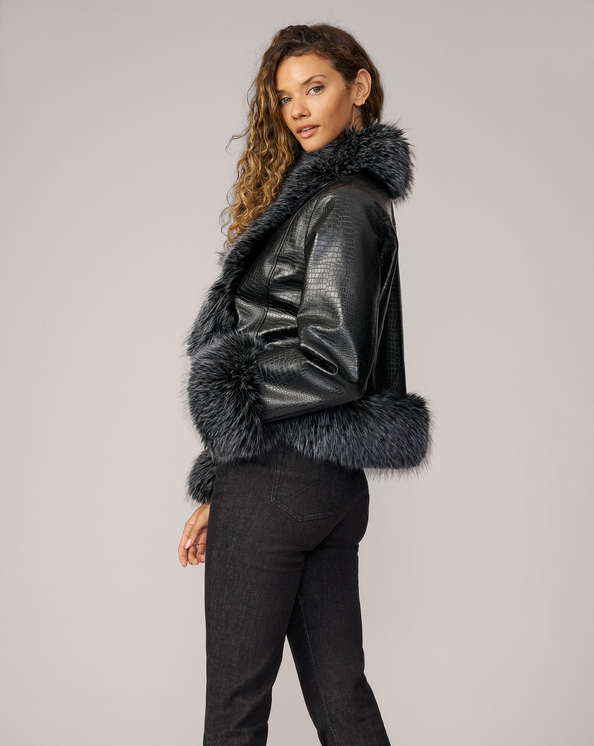 Adrienne Landau Black Crocodile Stamped Faux Leather and Faux Fur