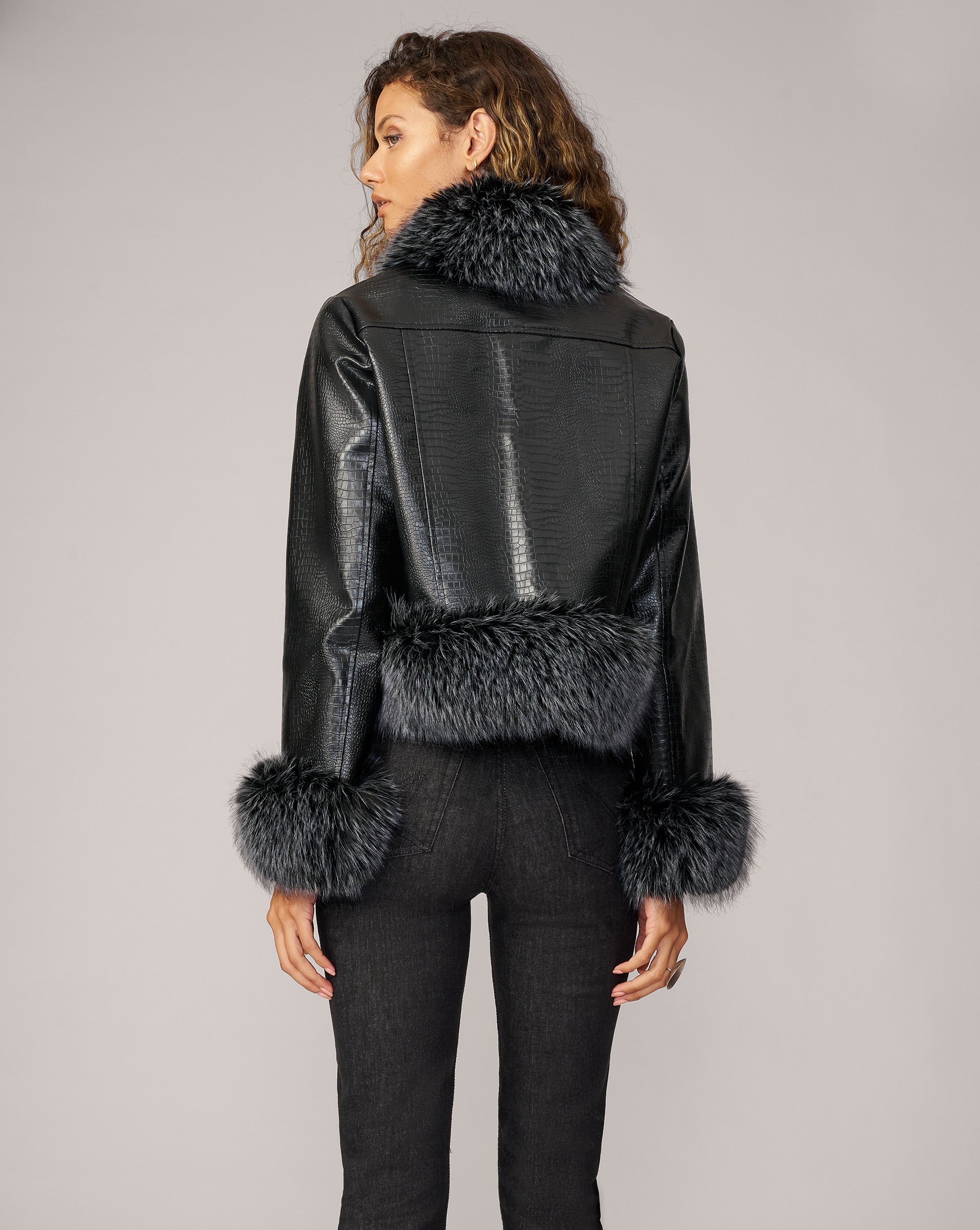 Adrienne Landau Black Crocodile Stamped Faux Leather and Faux Fur
