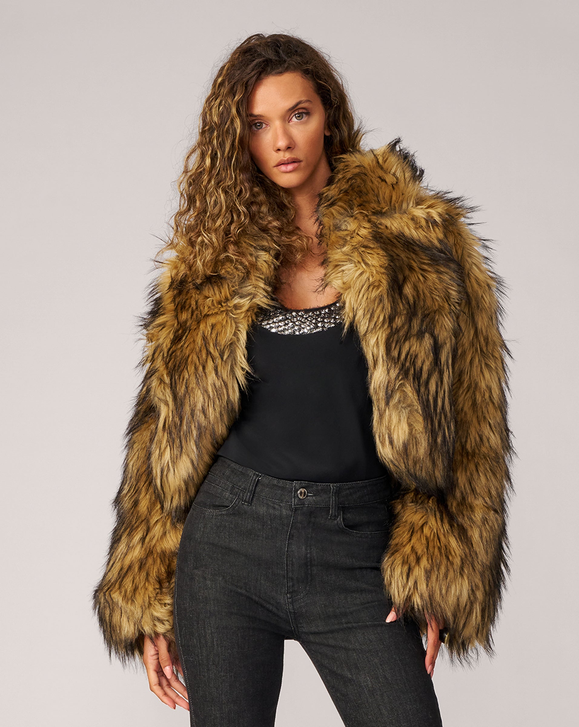 Adrienne Landau Cutaway Faux Fox Fur Jacket