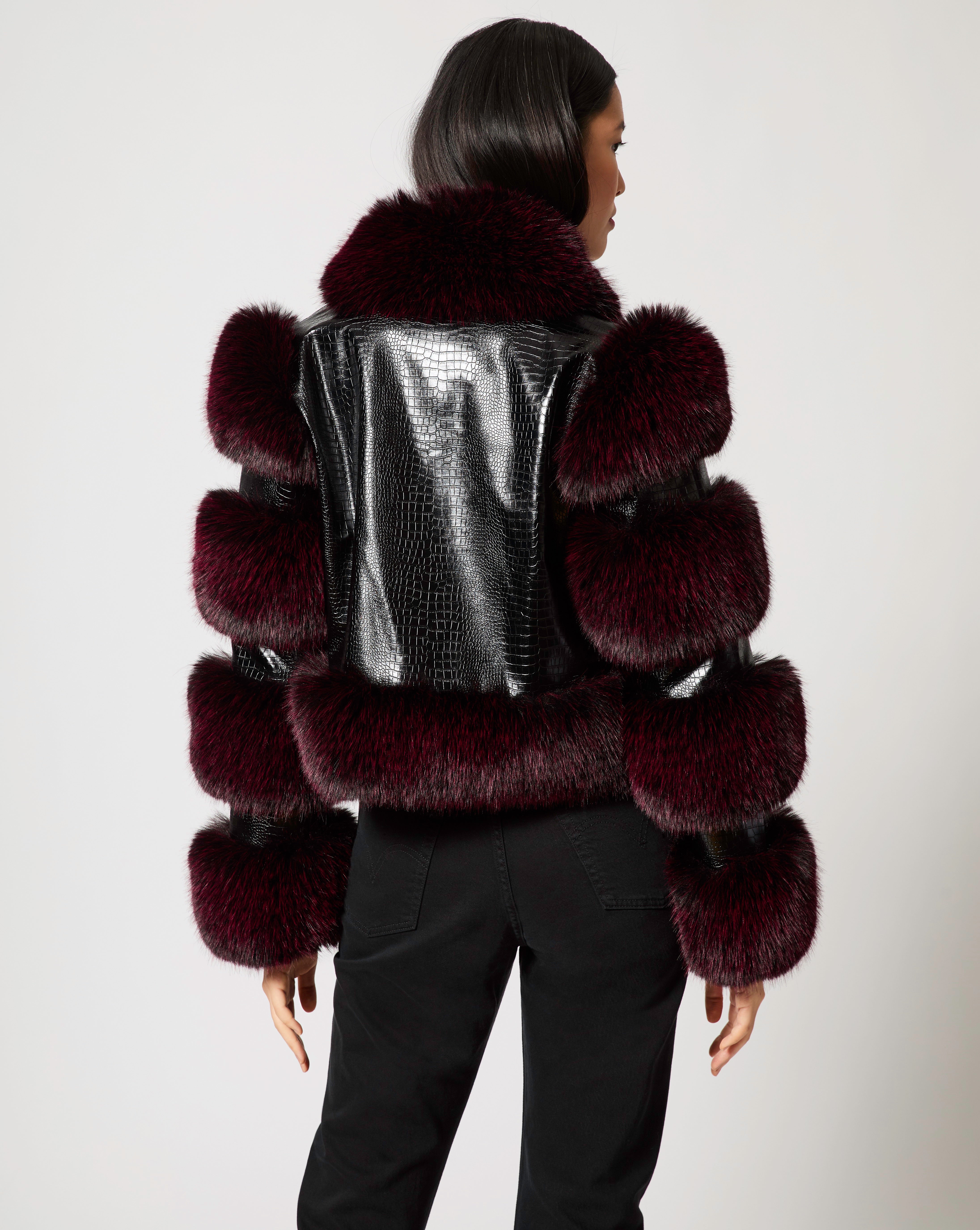 Adrienne Landau Crocodile Stamped Faux Leather Jacket with Faux Fur