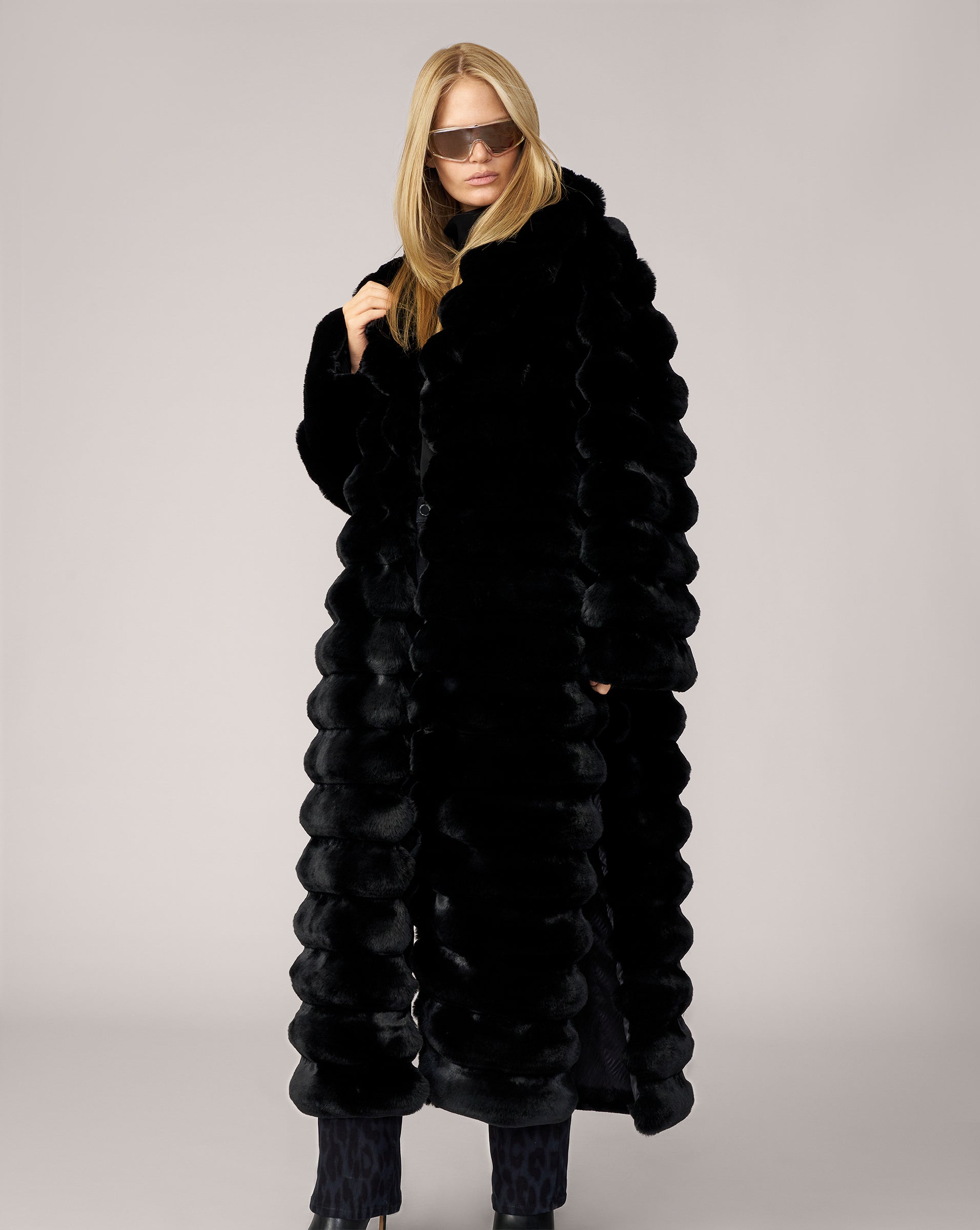 Adrienne Landau Black Floor Length Faux Fur Coat