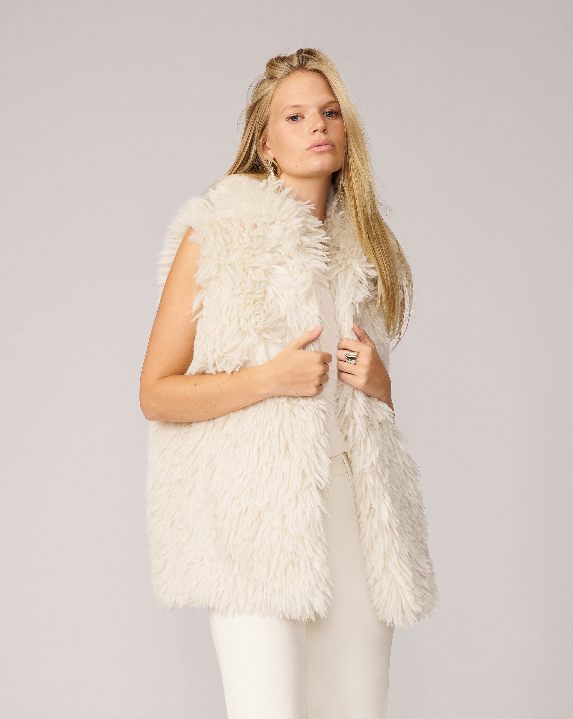 Adrienne Landau White Shaggy Faux Fur Vest