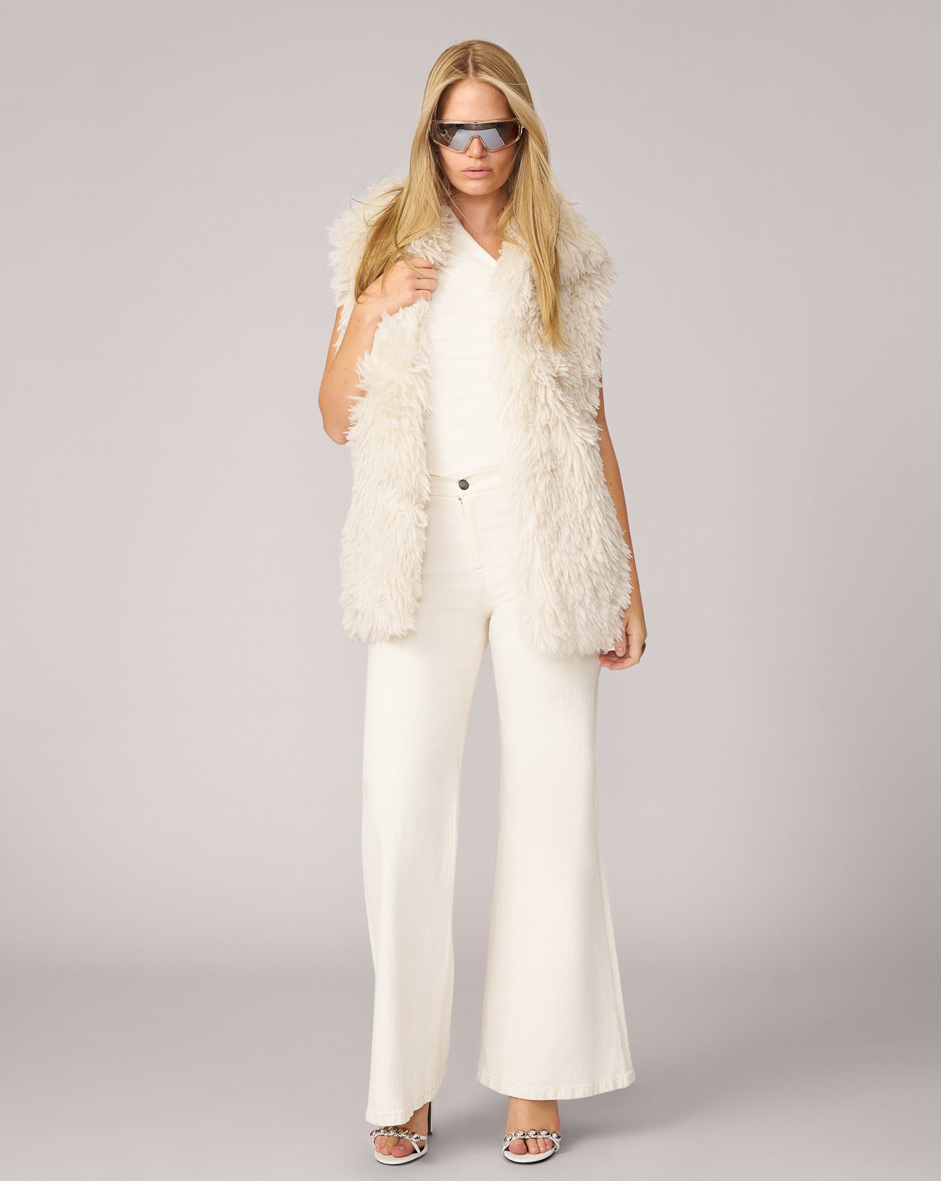 Adrienne Landau White Shaggy Faux Fur Vest