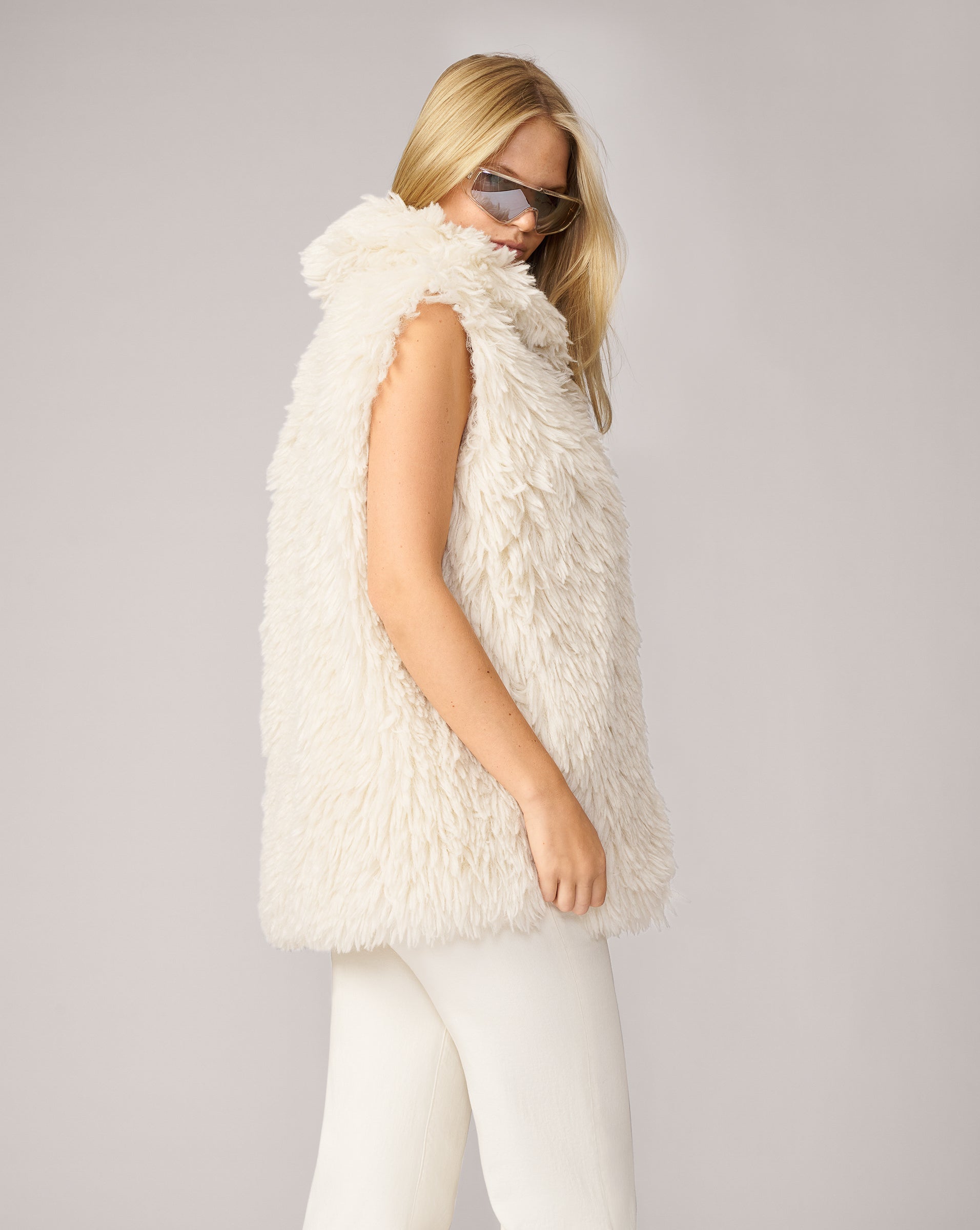 Adrienne Landau White Shaggy Faux Fur Vest