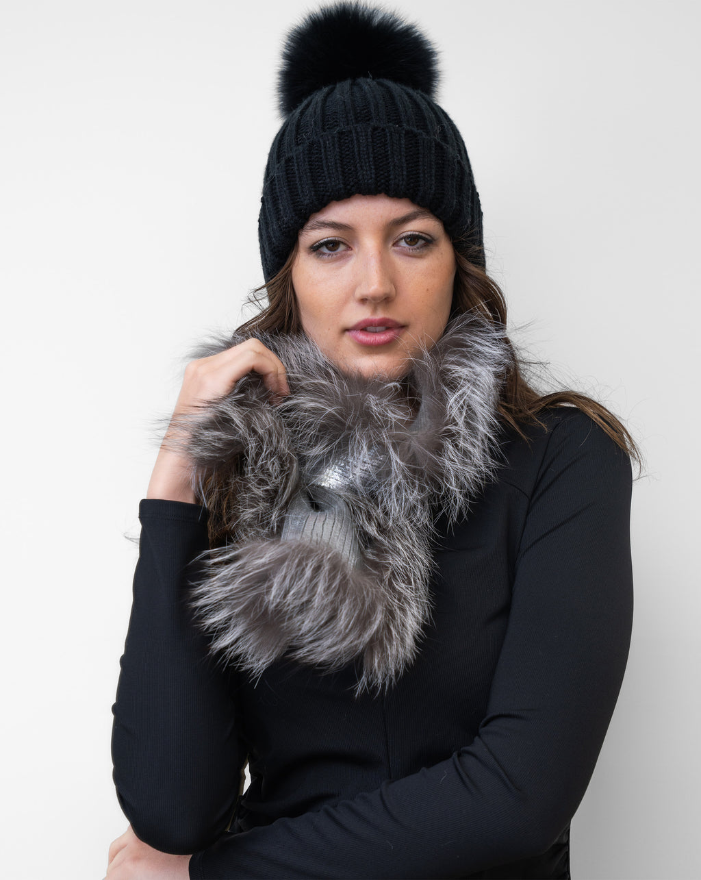 Adrienne Landau Scarf with Faux Fur Pom-Pom Black / One Size