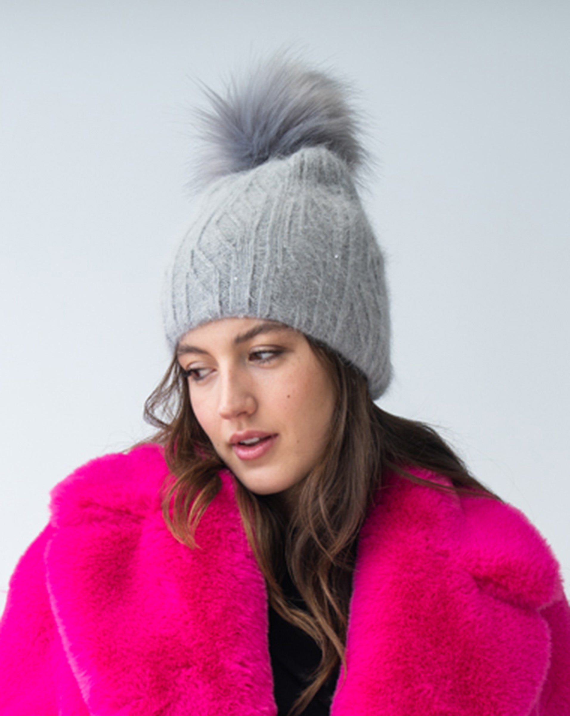 ADRIENNE LANDAU Gray Metallic Rainbow Faux Fur Pom hot Pom Beanie Hat $95