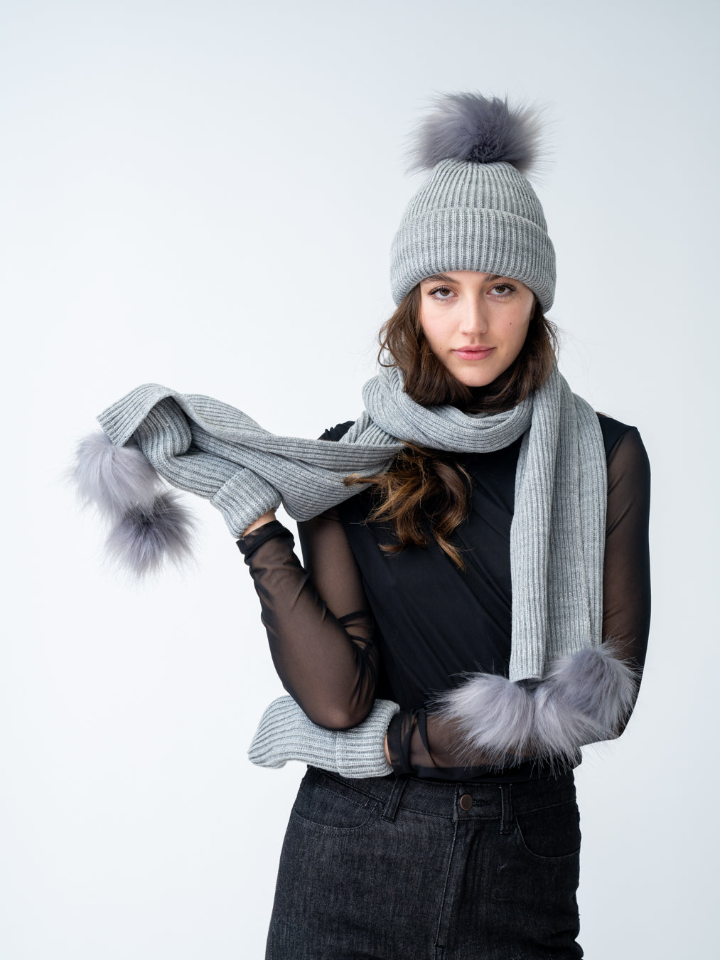 Adrienne Landau Scarf with Faux Fur Pom-Pom Black / One Size