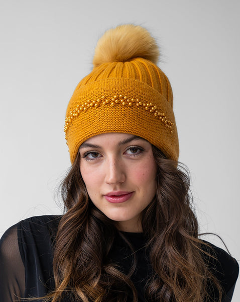 Pearl Trim Faux Fur Pom-Pom Knit Hat – Adrienne Landau display picture 3