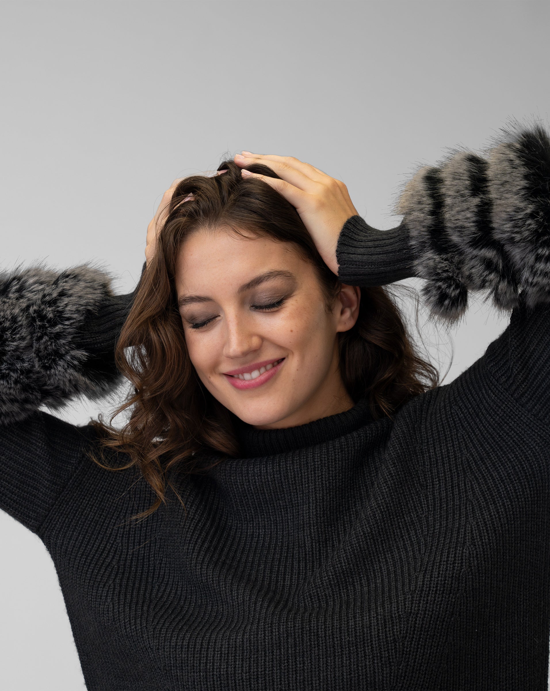 Ribbed Mock Neck Faux Fur Cuff Sweater