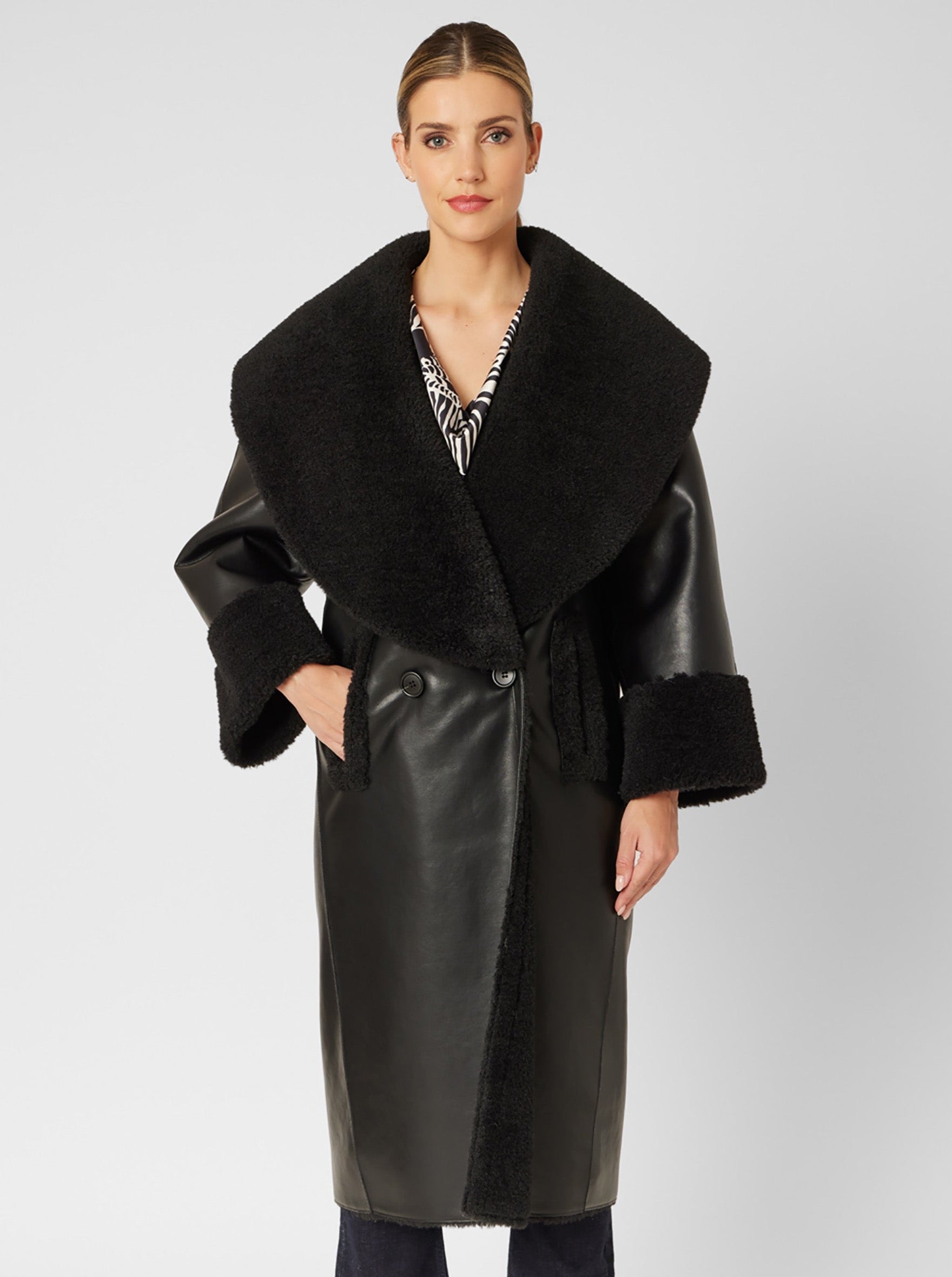 Vegan Leather and Faux Shearling Coat