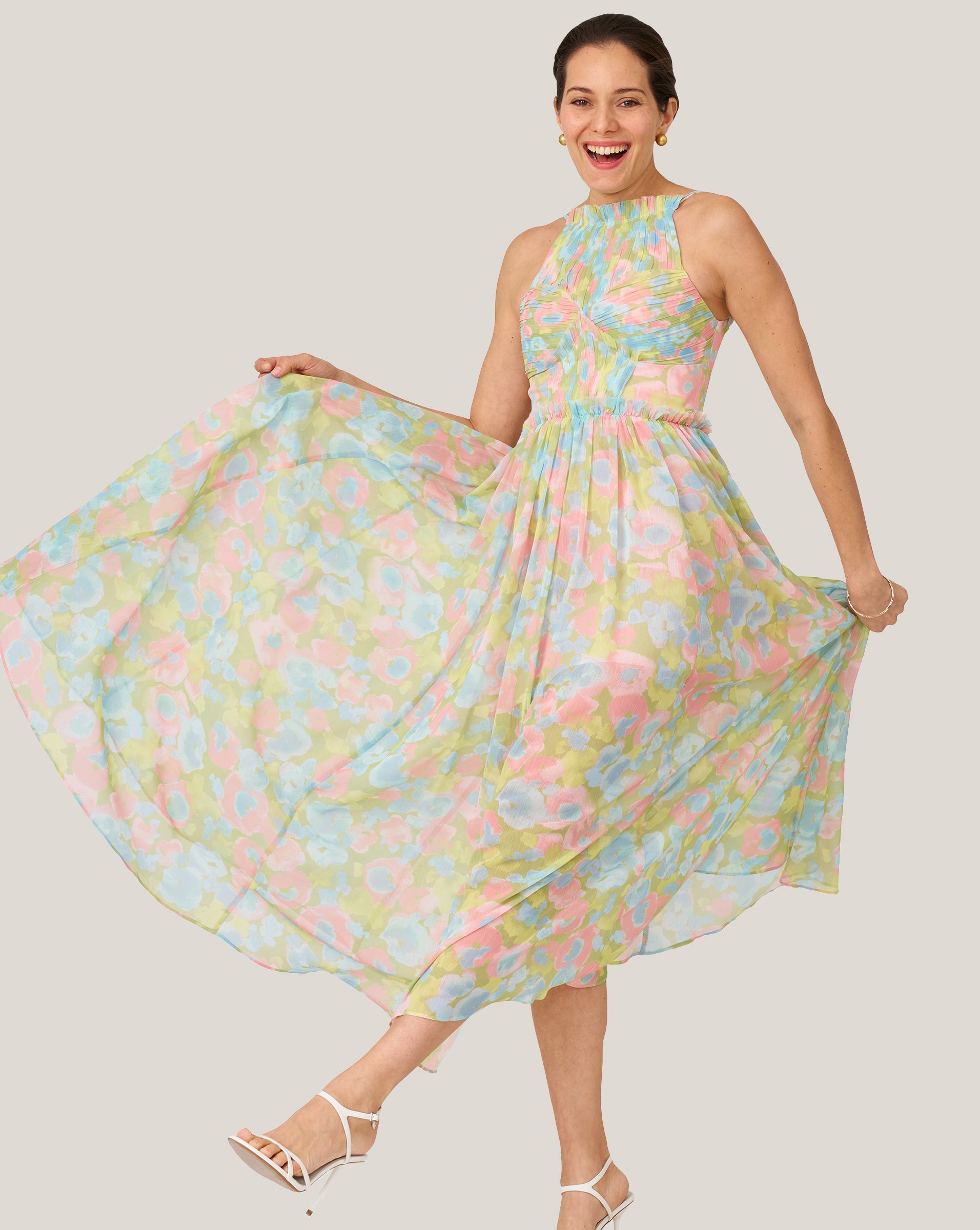 Floral Pleated Bodice Halter Midi Dress