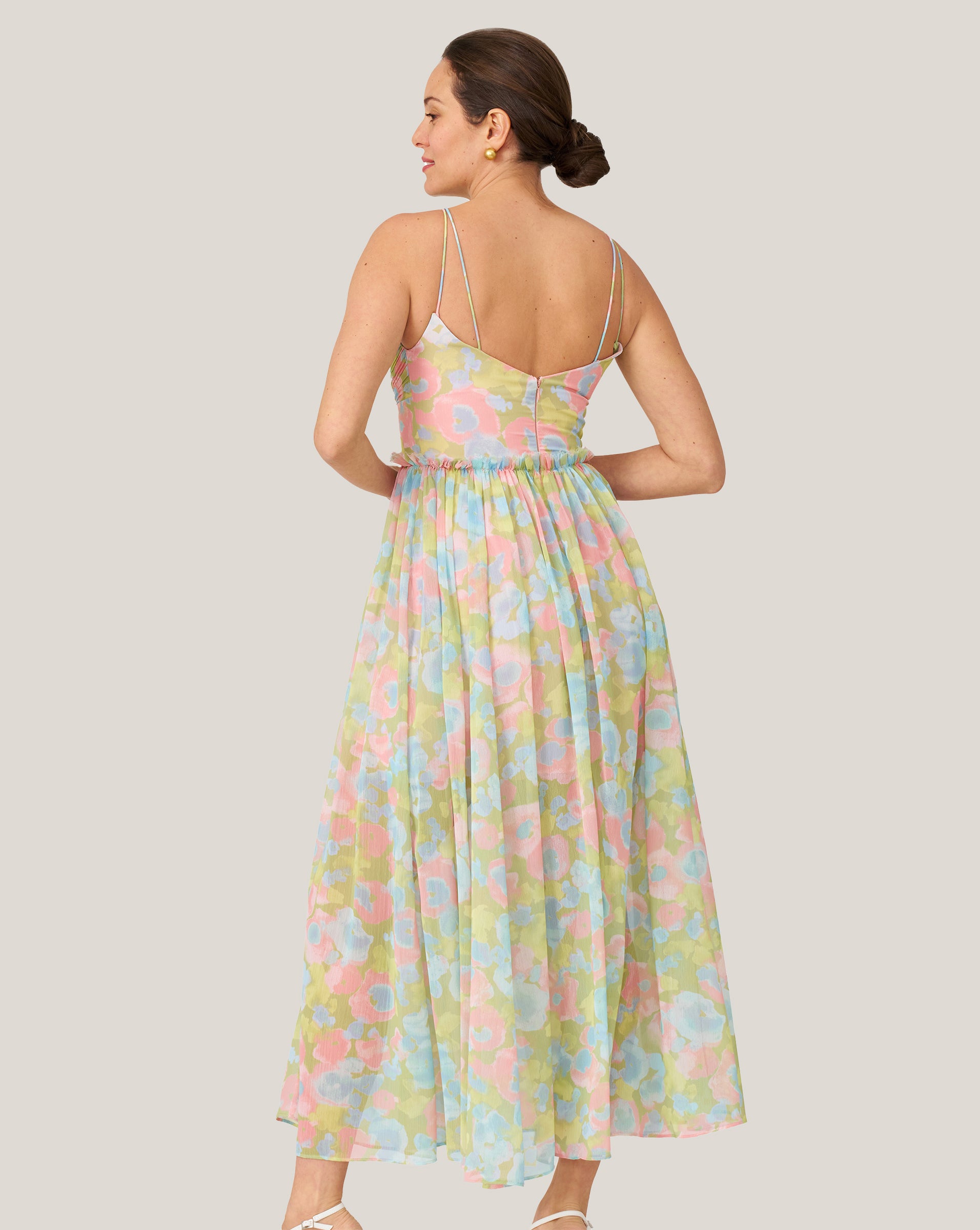 Floral Pleated Bodice Halter Midi Dress