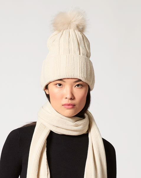 ADRIENNE LANDAU Embellished Faux Fur Pom Pom Beanie Pearl Trim Faux Fur Pom-Pom Knit Hat – On Sale Now with Up  main image 3