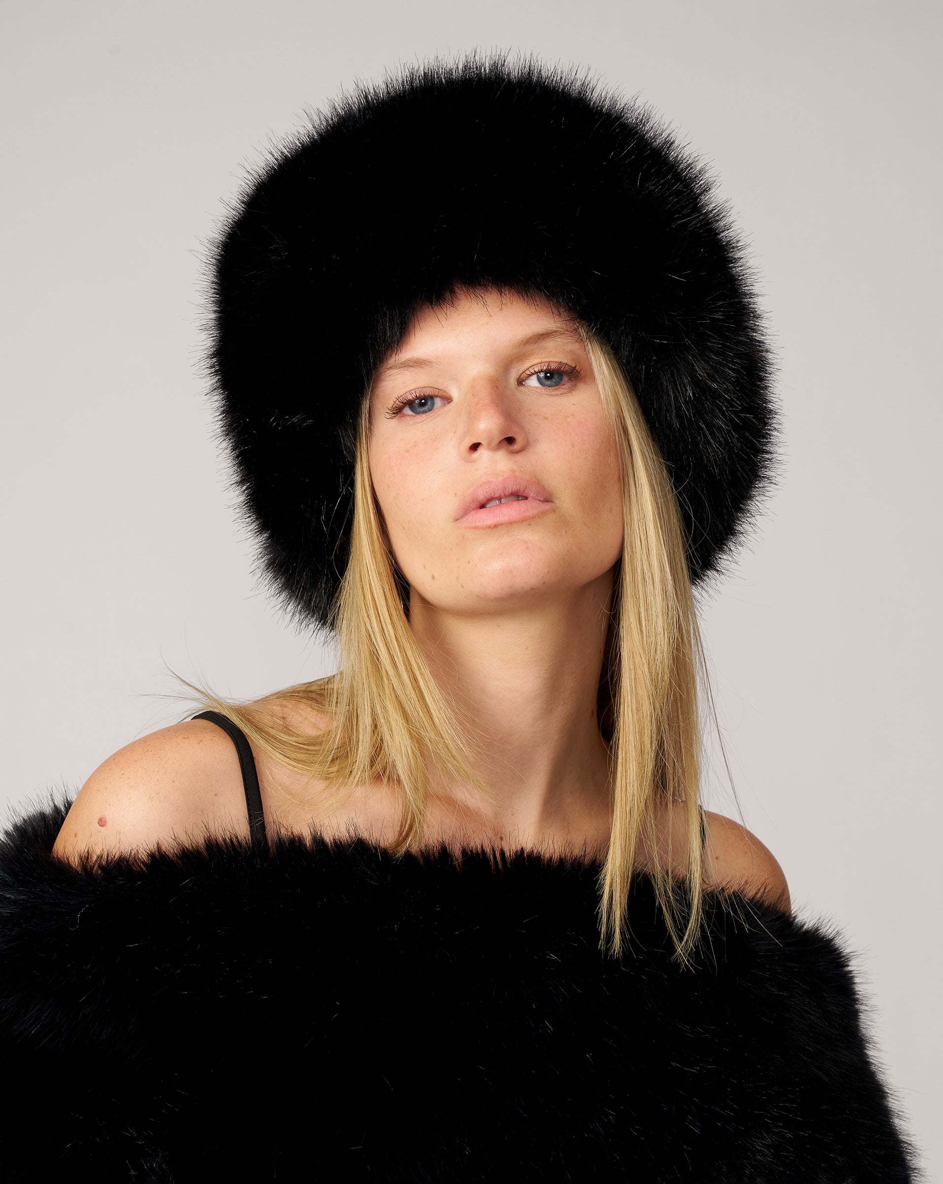 Adrienne Landau Black Faux Fox Fur Pill Box Hat