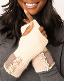 Knit Fingerless Gloves with Crystals Beige