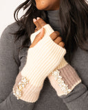 Knit Fingerless Gloves with Crystals Beige