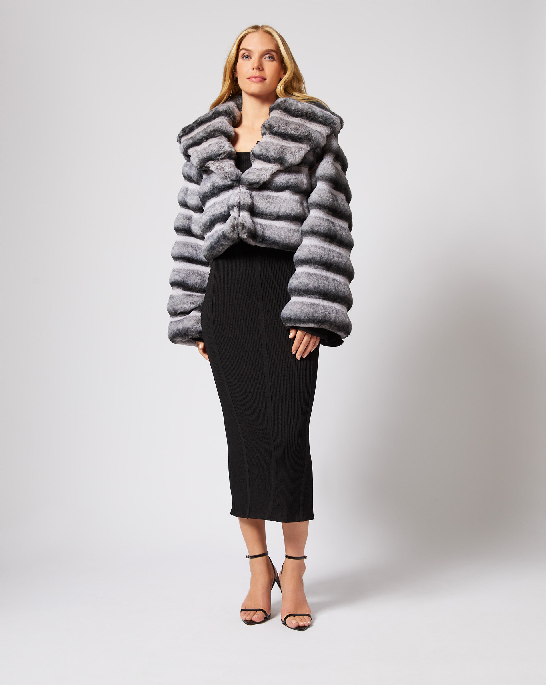 ジャケット・アウター ishidatenokcha faux fur linner Adrienne Landau Gray Faux Chinchilla Fur Jacket with Shawl Collar