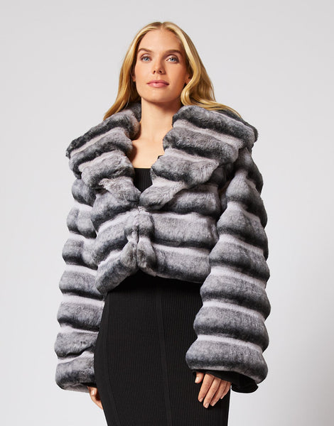 Adrienne Landau Gray Faux Chinchilla Fur Jacket with Shawl Collar