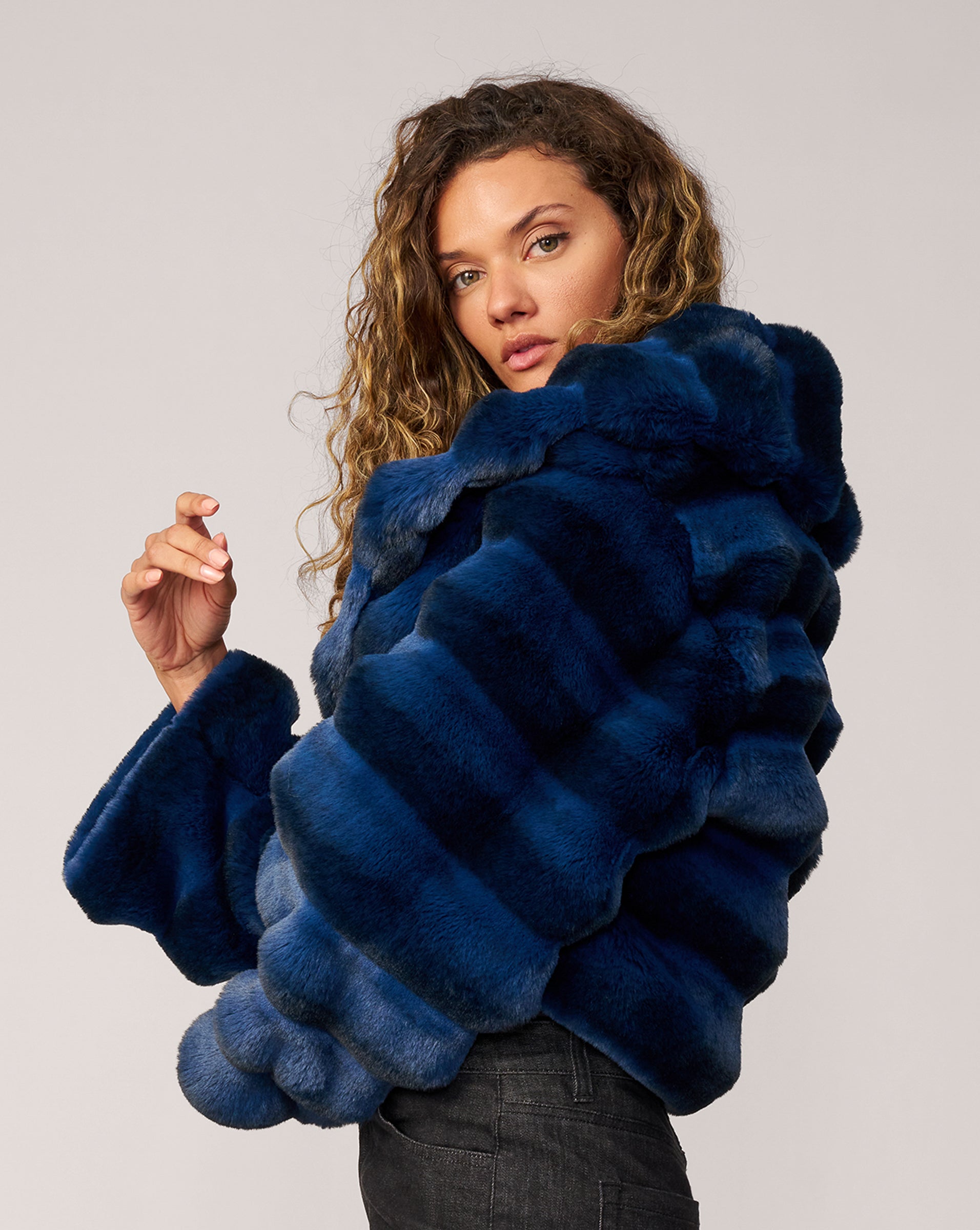 Adrienne Landau Blue Faux Chinchilla Fur Jacket with Shawl Collar