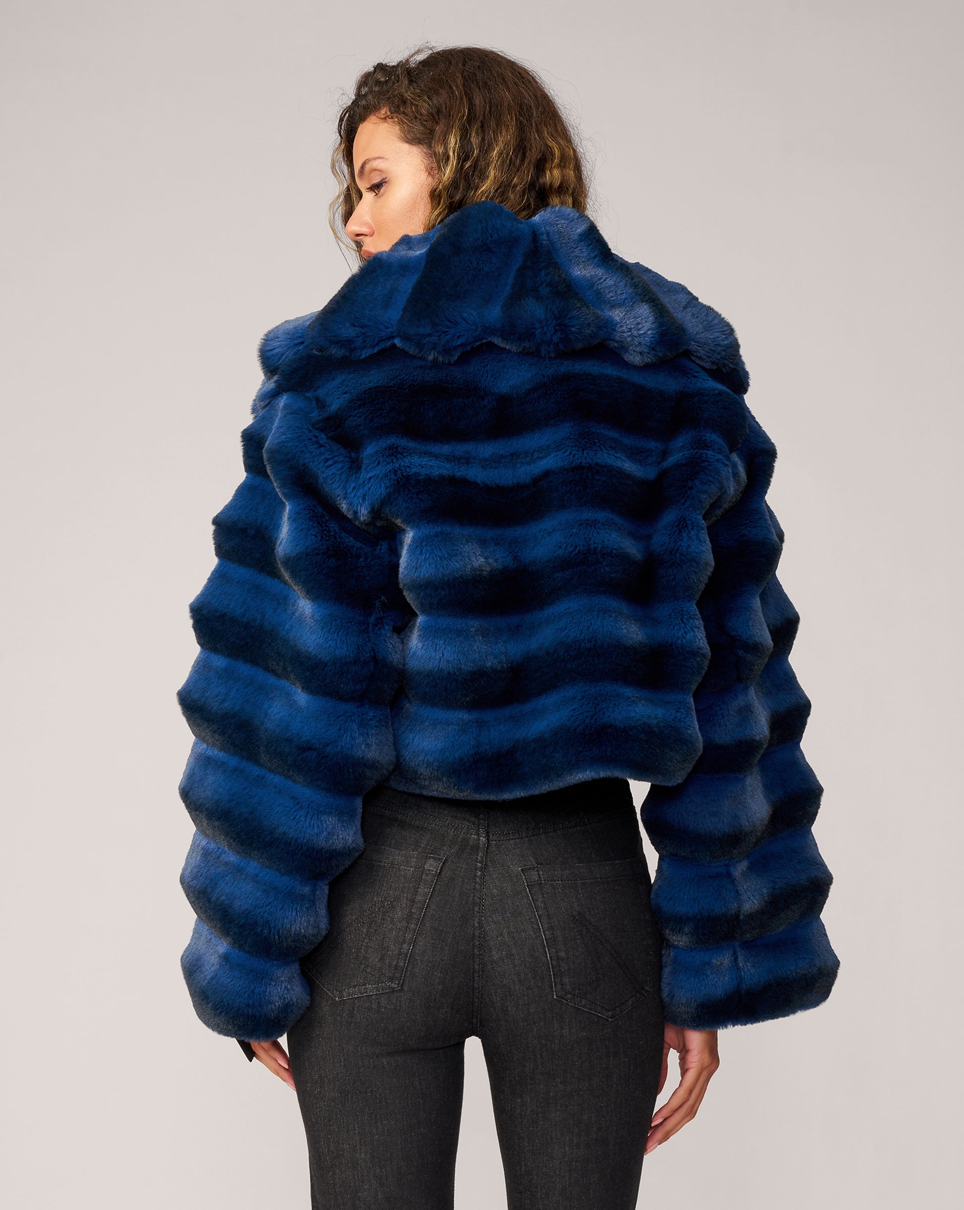 Adrienne Landau Blue Faux Chinchilla Fur Jacket with Shawl Collar