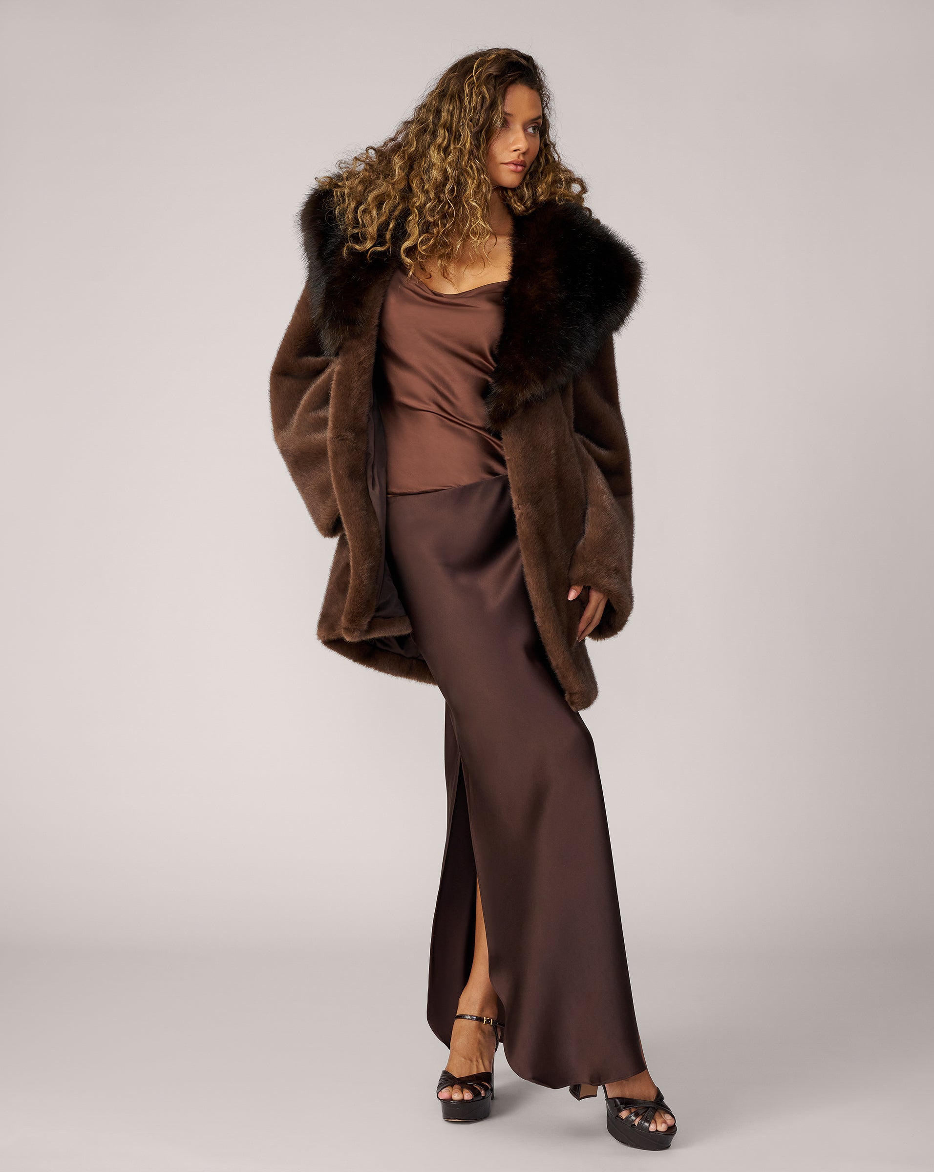Adrienne Landau Brown Faux Fox and Faux Mink Fur Coat