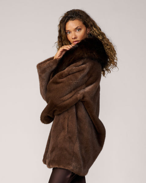 Adrienne Landau Brown Faux Fox and Faux Mink Fur Coat