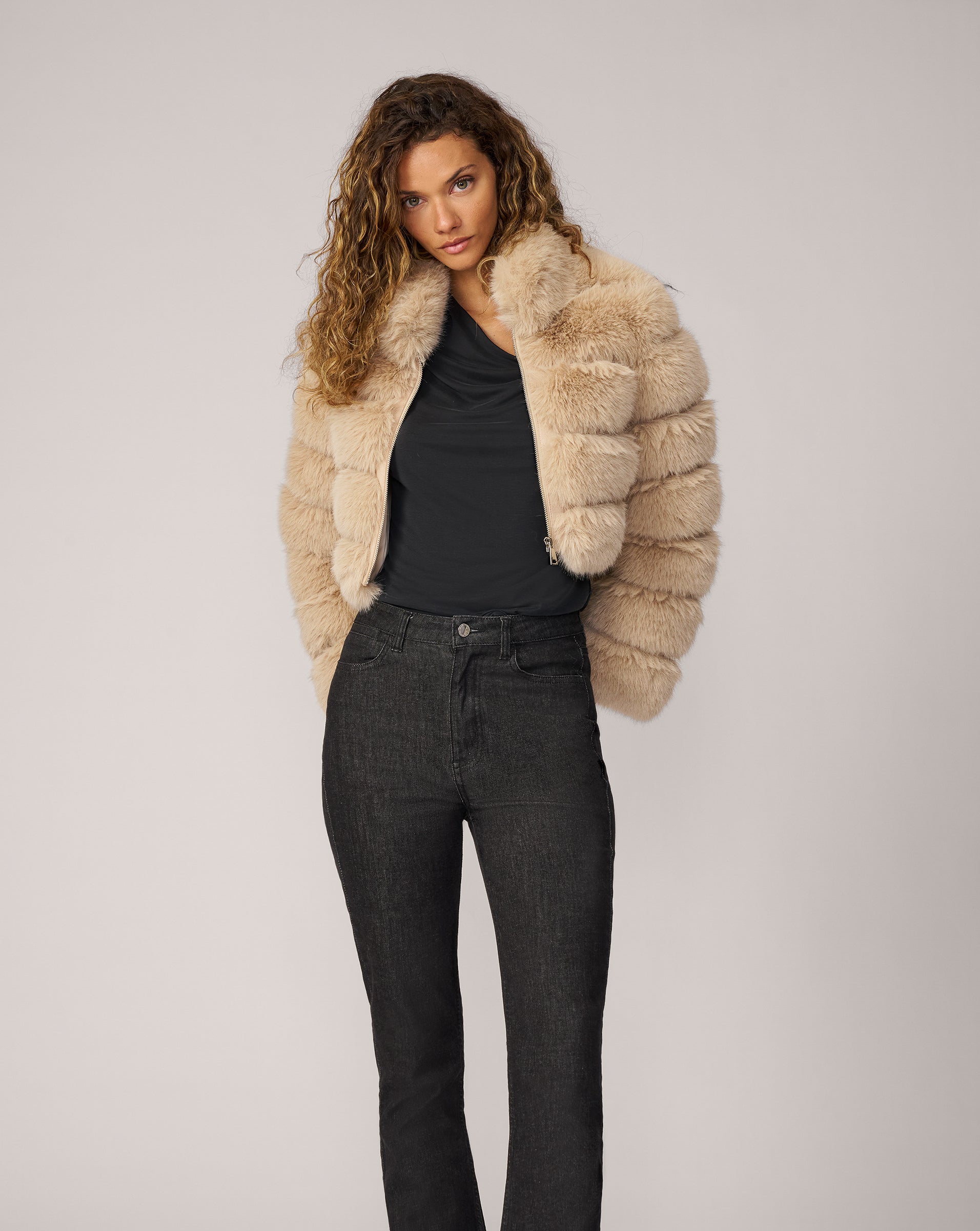 Adrienne Landau Camel High Collar Faux Fox Fur Jacket Adrienne Landau Camel High Collar Faux Fox Fur Jacket