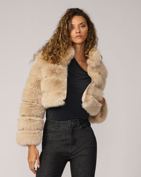 Adrienne Landau Camel High Collar Faux Fox Fur Jacket