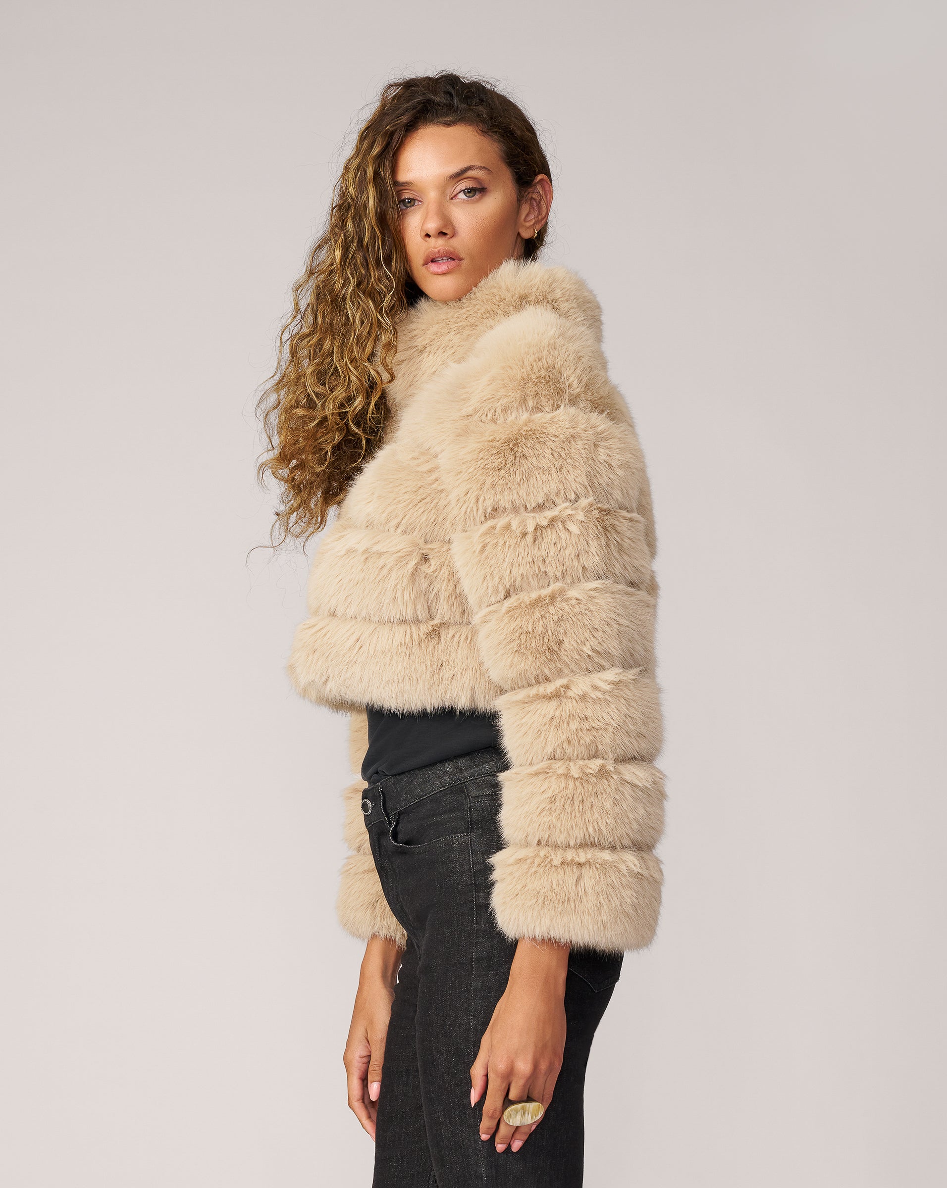 Adrienne Landau Camel High Collar Faux Fox Fur Jacket