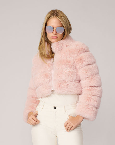 Adrienne Landau Chalk Pink High Collar Faux Fox Fur Jacket